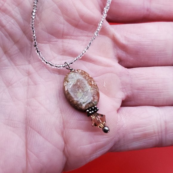 16 Inch 925 Sterling Silver Spotted Brown Stone Beaded Necklace - Picture 3 of 7